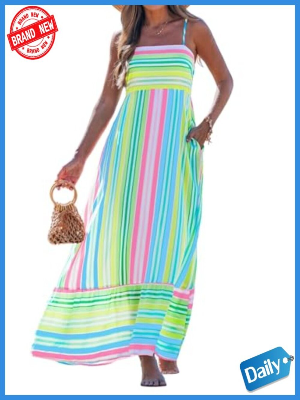 Spaghetti Strap Maxi Dress with Pockets, Smocked Back, Adjustable Straps,